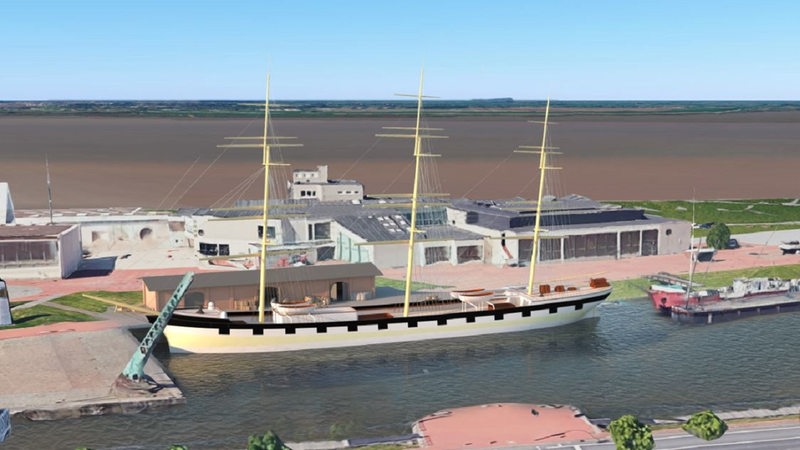 Eine Animation zeigt ein Segelschiff in einem Hafenbecken.
