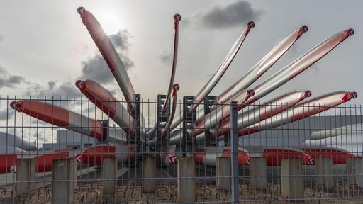 Rotorblätter für Offshore Windkraftanlagen liegen gestapelt auf dem Siemens Gamesa Werk in Cuxhaven.