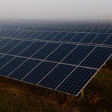 Solarmodule eines Solarpark liegen im morgendlichen Nebel.