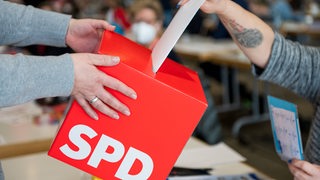 Auf einer Wahlurne steht SPD.
