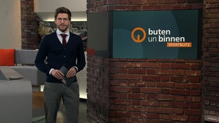 Moderator Niko Schleicher im Sportblitz Studio von buten un binnen.
