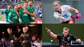 Collage zeigt  4 nominierte Sportler:innen des Jahres 2022: Werder Bremen (Bundesliga), Lena Frerichs (Hockey), Grün Gold Club und Matthias Falck
