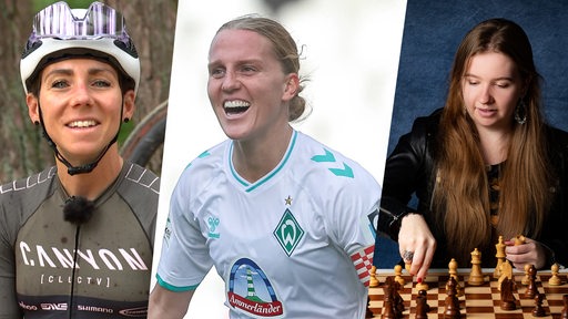 Collage der nominierten Sportlerinnen der Bremer Sportlerwahl: Die Radsportlerin Carolin Schiff, Werder-Fußballerin Lina Hausicke und Schachspielerin Lara Schulze.