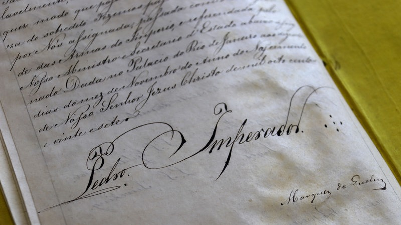 Die Unterschrift des ersten brasilianischen Kaisers unter einem Vertrag im Staatsarchiv Bremen.