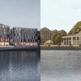 Collage zeigt zwei Visualisierungen von Architektenentwürfen zum Bau der "Neuen Strandlust" in Vegesack