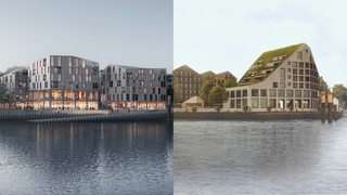 Collage zeigt zwei Visualisierungen von Architektenentwürfen zum Bau der "Neuen Strandlust" in Vegesack