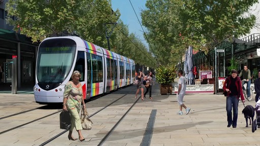 Die Animation zeigt eine Straßenbahn, die durch die Bremerhavener Fußgängerzone fährt.
