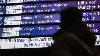 Eine Anzeigentafel informiert Reisende an einem Bahnhof.