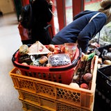 Eine Frau sammelt bei der Tafel Obst aus einer Kiste während andere an der Lebensmittelausgabe stehen