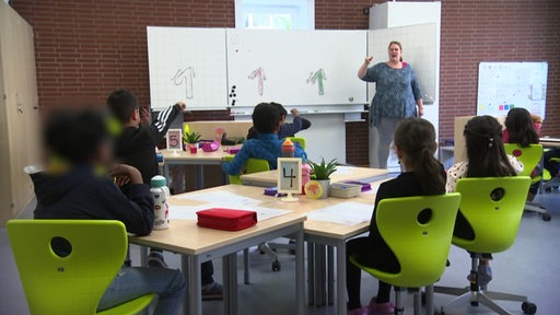 Zu sehen iast eine Lehrerin und ihre schuüler in einer Klasse der Tami Oelfken schule