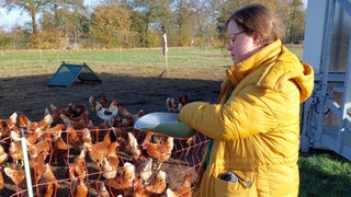 Die 19-jährige Tamina Schmidt füttert auf dem Biohof Varrel bei Bremen die Hühner.