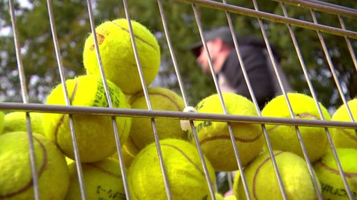 Ein Korb voller gelber Tennisbälle. Dahinter ein Mann mit Cappy im unscharfen Bereich.