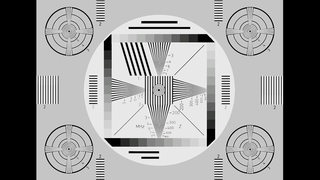 Schwarz-weißes Testbild mit keilförmigen Fächern aus Linien, sowie Markierungen und Kreise