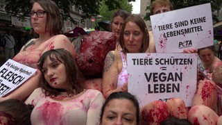 Eine Gruppe von Tierschützerinnen, die mit Kunstblut geschminkt sind. Sie halten Schilder mit der Aufschrift: Tiere schützen gleich Vegan Leben.
