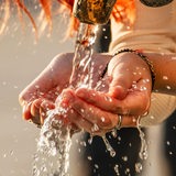 Eine Frau schöpft mit ihren Händen Trinkwasser aus einem Brunnen.
