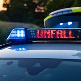 Ein Einsatzfahrzeug der Polizei steht mit Blaulicht und dem Schriftzug Unfall im Display an einem Unfallort.