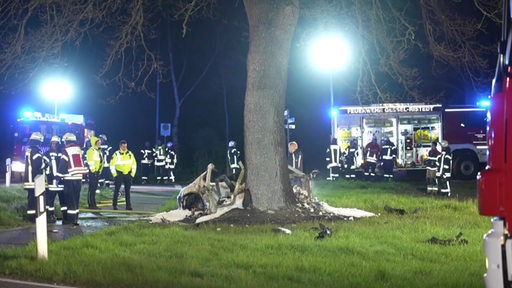 Ein komplett zerstörter und ausgebrannter Sportwagen ist gegen einen Baum geprallt. Um das Fahrzeug herum stehen Feuerwehrmänner und Feuerwehrautos.