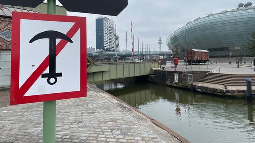 Ein Schild mit einem durchgestrichenen Anker ist im Vordergrund zu sehen. Im Hintergrund ist eine Brücke über einen Kanal zu sehen sowie das Klimahaus und Hochhäuser.