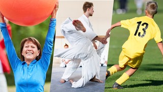 Symbolbilder: Frau trainiert Fitness mit Gymnastikball, Jugendliche trainieren Kampfkunst und ein junger Fußballer (Montage)