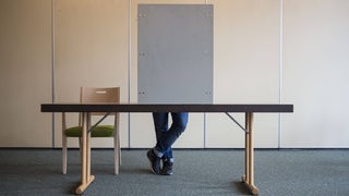 Eine Person steht in einer Wahlkabine.