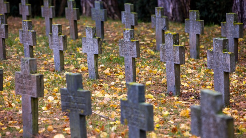 Grabkreuze stehen am Kriegsgräber Denkmal auf dem Alten Friedhof.