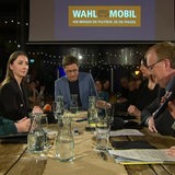 Politiker beim Wahlmobil-Talk in der Union-Brauerei: Kirsten Kappert-Gonther (Grüne), Sandra Schmull (CDU), Felix Krömer (Moderator), verdeckt ist Ulrike Hiller (SPD), Volker Redder (FDP) und Doris Achelwilm (Linke)