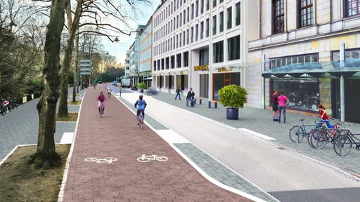 Zukunftspläne am Bremer Wall, auf dem ein wesentlich breiterer Fahrradweg und eine Fußgängerzone zu sehen ist.