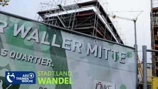 Ein Transparent mit der Aufschrift "Waller Mitte" vor einem Haus mit Baugerüst vom Projekt "Waller Mitte".