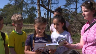 Kinder stehen zusammen draußen in der Natur und schauen sich ein Buch an. Im Hintergrund sind Kiefern zu sehen. 
