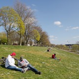 Menschen genießen die Sonne am Osterdeich an der Weser, hinten das Weserstadion