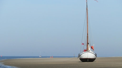 Ein Segelboot liegt auf dem Wattmeeresboden. 