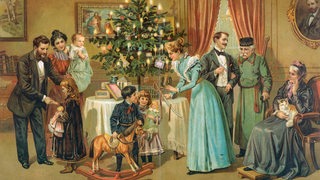 Die unsignierte Farblithografie von 1916 zeigt eine Familie mit 3 Kindern, Großeltern und Verwandten, die sich um einen geschmückten Weihnachtsbaum versammeln.