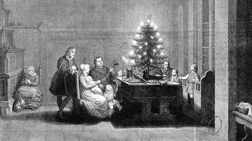 Historische Zeichnung aus dem 19. Jahrhundert: Martin Luther im Kreise der Familie in Wittenberg zu Weihnachten 1536