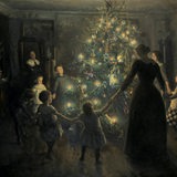 Gemälde "Glade jul" by Viggo Johansen von 1891: Eine Familie tanzt um ihren Weihnachtsbaum