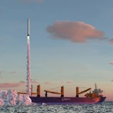 Eine Modell-Grafik wie der deutsche Weltraumbahnhof für Raketen auf einem Schiff auf der Nordsee aussehen könnte.