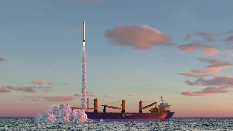 Eine Modell-Grafik wie der deutsche Weltraumbahnhof für Raketen auf einem Schiff auf der Nordsee aussehen könnte.