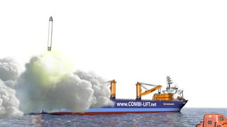 Eine Modell-Grafik wie der deutsche Weltraumbahnhof für Raketen auf einem Schiff auf der Nordsee aussehen könnte.