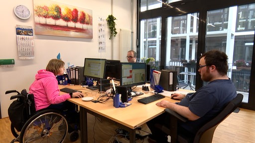 Mehrere Menschen sitzen in einem Büro an ihren Schreibtischen und arbeiten am Computer.