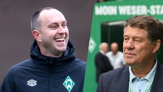 Collage zeigt den lachenden Trainer Ole Werner und den Ex-Trainer Otto Rehagel im Weserstadion
