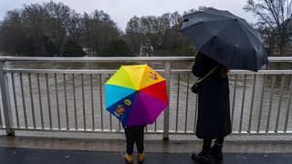 Eine Frau und ein Kind mit Regenschirmen stehen an einer Brücke.