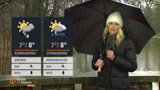 Wettermoderatorin Constance Hoßfeld-Seedorf steht an einer Brücke im Bürgerpark und hält einem Regenschirm. 