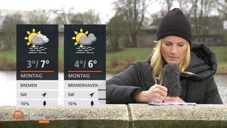 Wettermoderatorin Constance Hoßfeld-Seedorf schreibt mit einem Stift auf einem Zettel. 