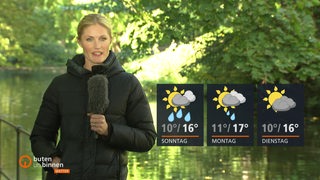 Wettermoderatorin Constance Hoßfeld Seedorf steht an einem Teich, rechts die Wettertafeln. 