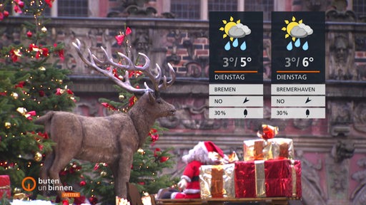 Rechts sind die Wetterkacheln und links daneben zwei Tannenbäume, mehrere Geschenke und ein Rentier, als Weihnachtsdekoration zu sehen. 