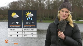 Wettermoderatorin Constance Hoßfeld Seedorf steht am Wasser beim Bürgerpark Bremen.
