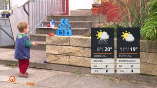 Ein kleiner Junge spielt vor einem Haus, davor die Wetterkacheln
