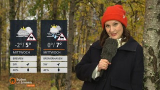 Wettermoderatorin Anastasia Hill steht im Wald, links die Wettertafeln. 