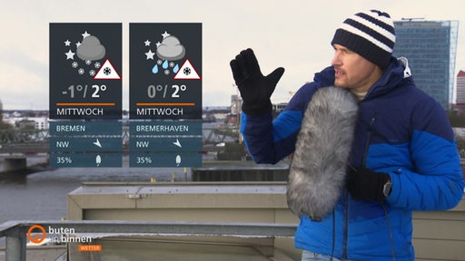 Die Wettertafeln vor dem Ausblick auf die Stephanibrücke neben Reporter Andree Pfitzner 