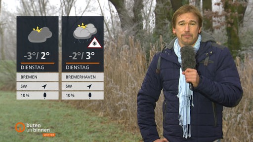 Andree Pfitzner steht vor einem Waldstück und rechts im Bild die Wettertafeln.