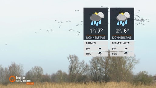Wettertafeln mit Feldern und Vögeln am Himmel im Hintergrund